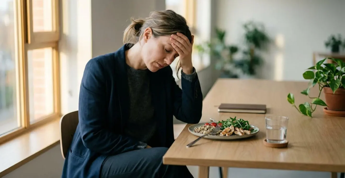 Person experiencing afternoon fatigue at desk despite healthy meal choices