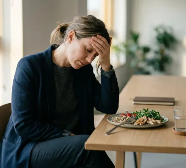 Person experiencing afternoon fatigue at desk despite healthy meal choices