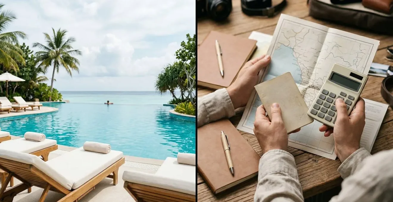 Overhead view of a tropical all-inclusive resort pool area contrasted with a DIY vacation planning scene showing cost calculations and decision-making