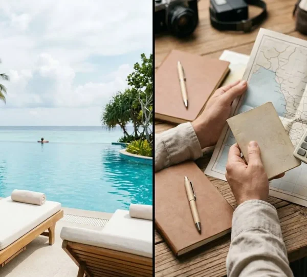 Overhead view of a tropical all-inclusive resort pool area contrasted with a DIY vacation planning scene showing cost calculations and decision-making