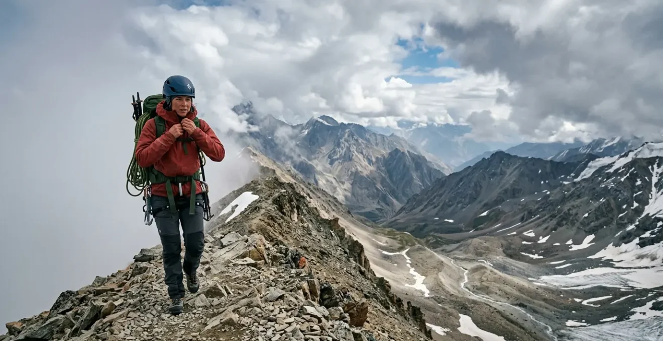 Mountaineer adjusting gear layers on exposed alpine ridge in unpredictable weather