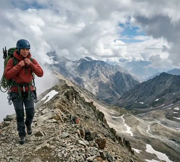 Mountaineer adjusting gear layers on exposed alpine ridge in unpredictable weather