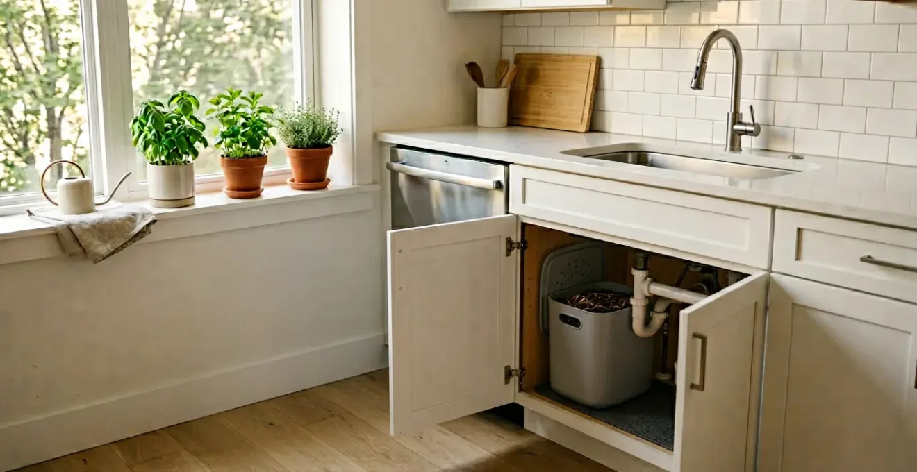 Modern indoor composting setup in a small apartment kitchen with natural lighting