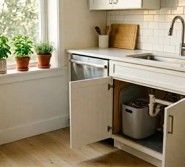 Modern indoor composting setup in a small apartment kitchen with natural lighting