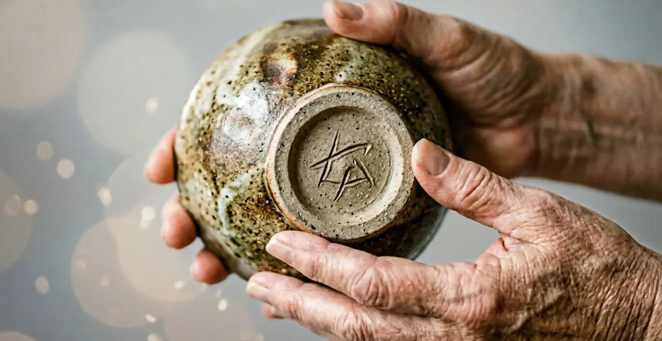 Close examination of artisan ceramic piece showing unique handcrafted surface texture and maker's mark