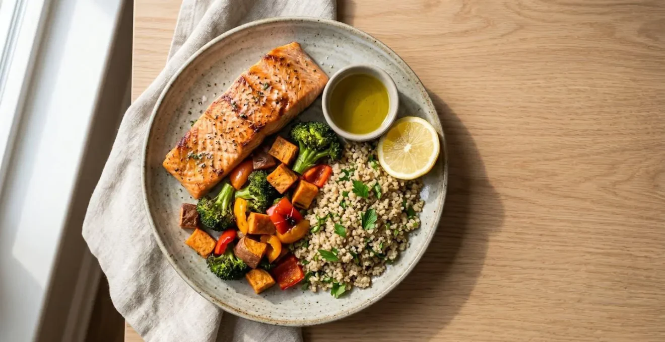 Overhead view of a balanced plate showcasing protein, fiber, and healthy fats for optimal satiety