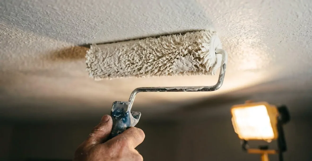 Professional work light positioned at low angle illuminating ceiling surface during paint application