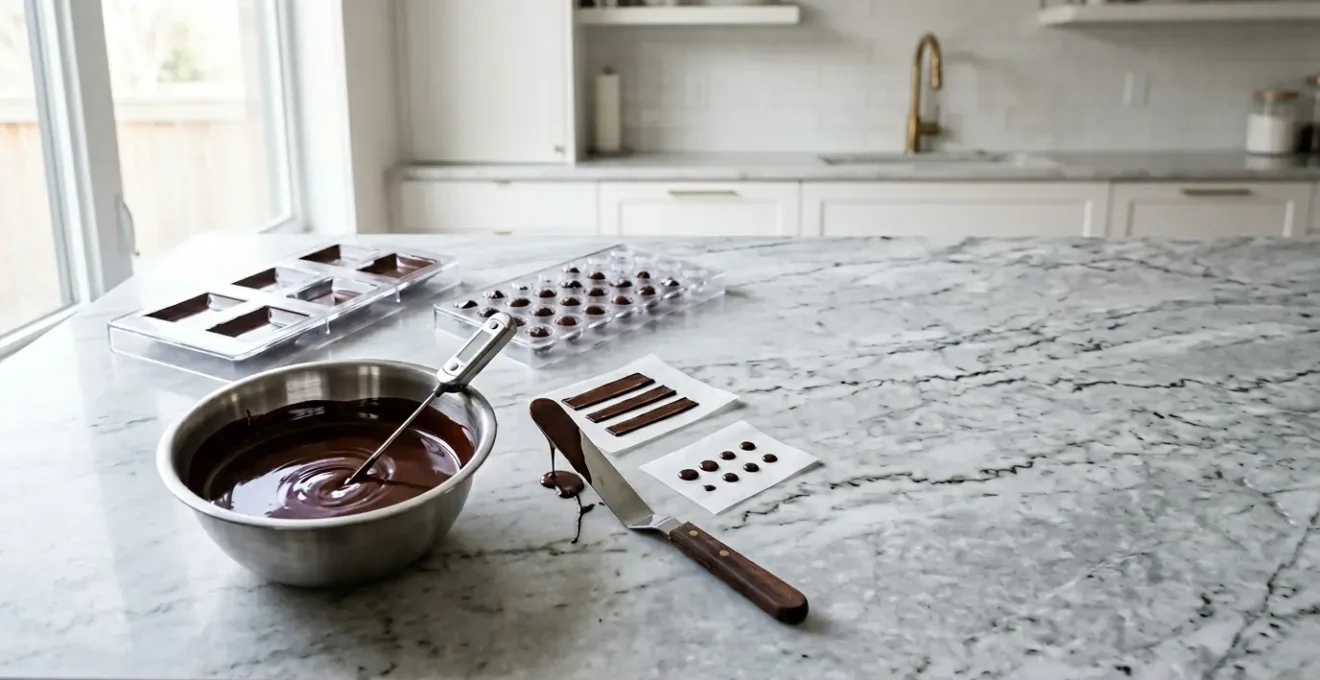 Professional chocolate tempering setup in a home kitchen with polished molds and glossy tempered chocolate