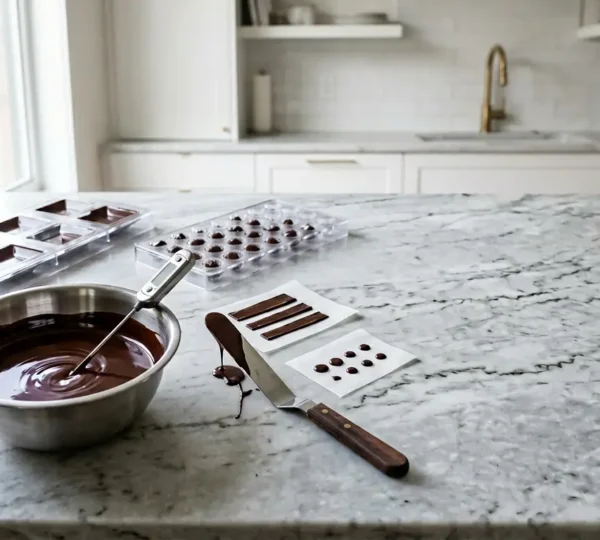 Professional chocolate tempering setup in a home kitchen with polished molds and glossy tempered chocolate