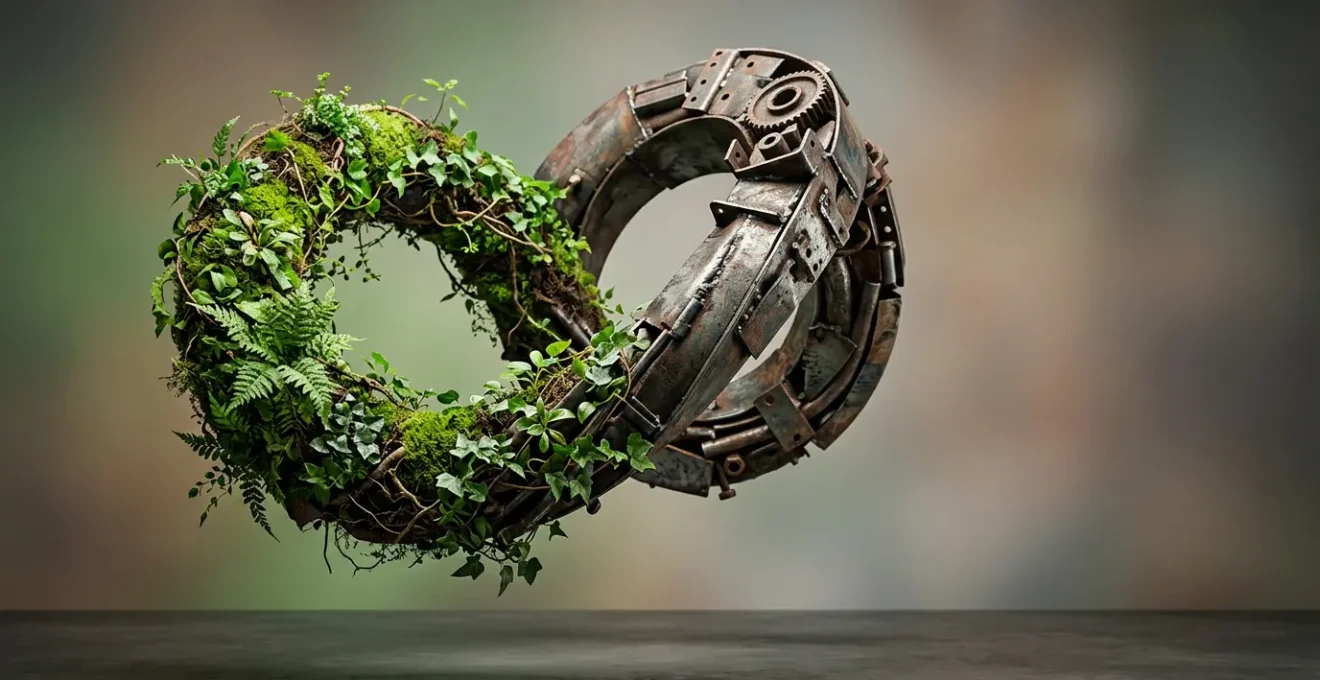 Abstract representation of circular economy business transformation merging profitability with environmental responsibility