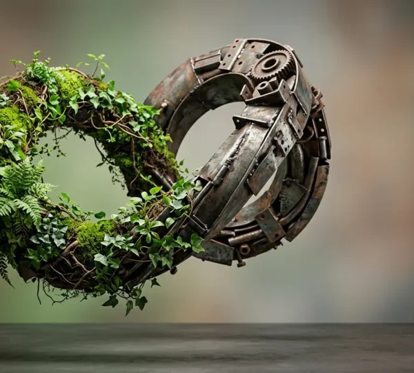 Abstract representation of circular economy business transformation merging profitability with environmental responsibility