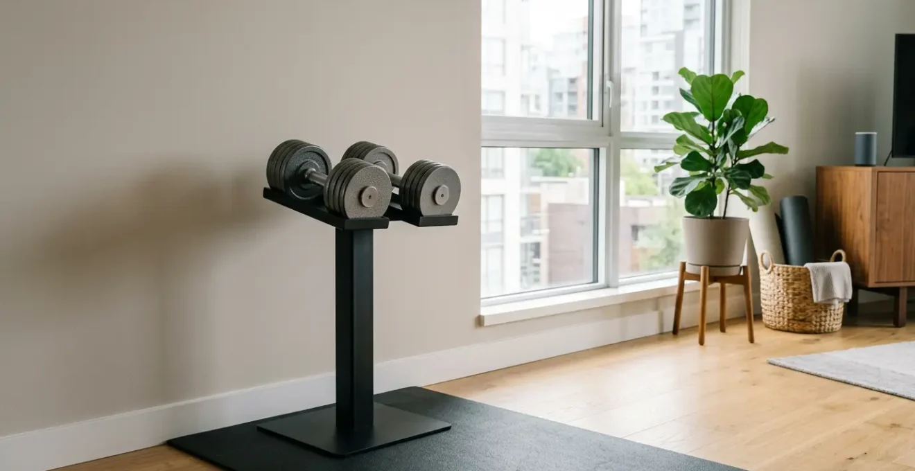Space-saving adjustable dumbbells stored vertically in a minimalist small apartment home gym corner