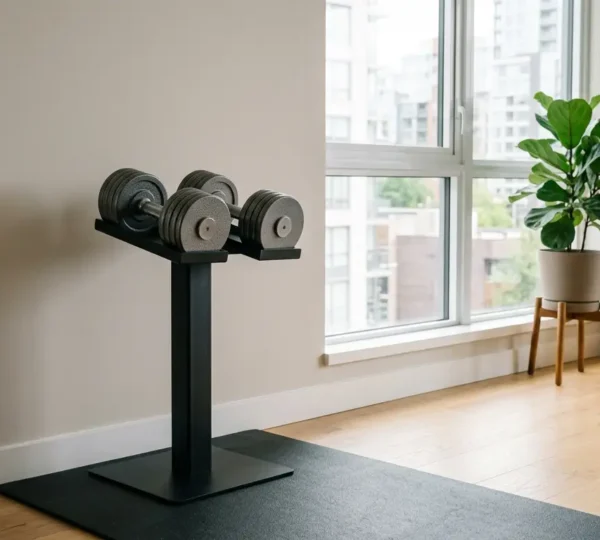Space-saving adjustable dumbbells stored vertically in a minimalist small apartment home gym corner