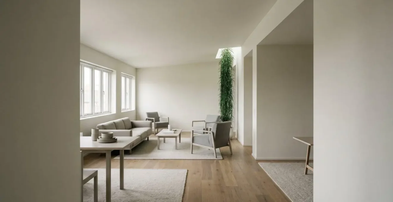 Wide-angle view showing diagonal furniture arrangement creating longest possible sightline through low-ceiling living space