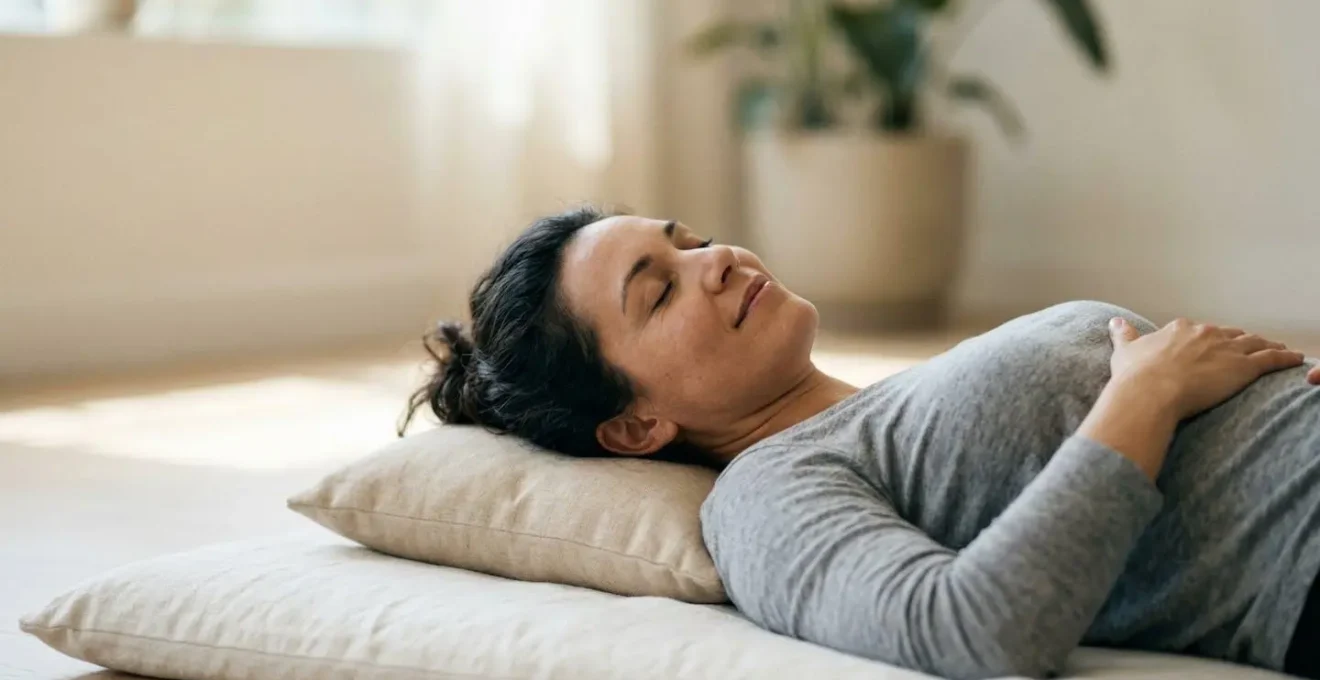 Person practicing deep belly breathing with visible relaxation and calm autonomic response