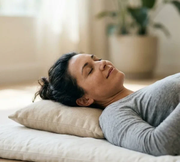 Person practicing deep belly breathing with visible relaxation and calm autonomic response