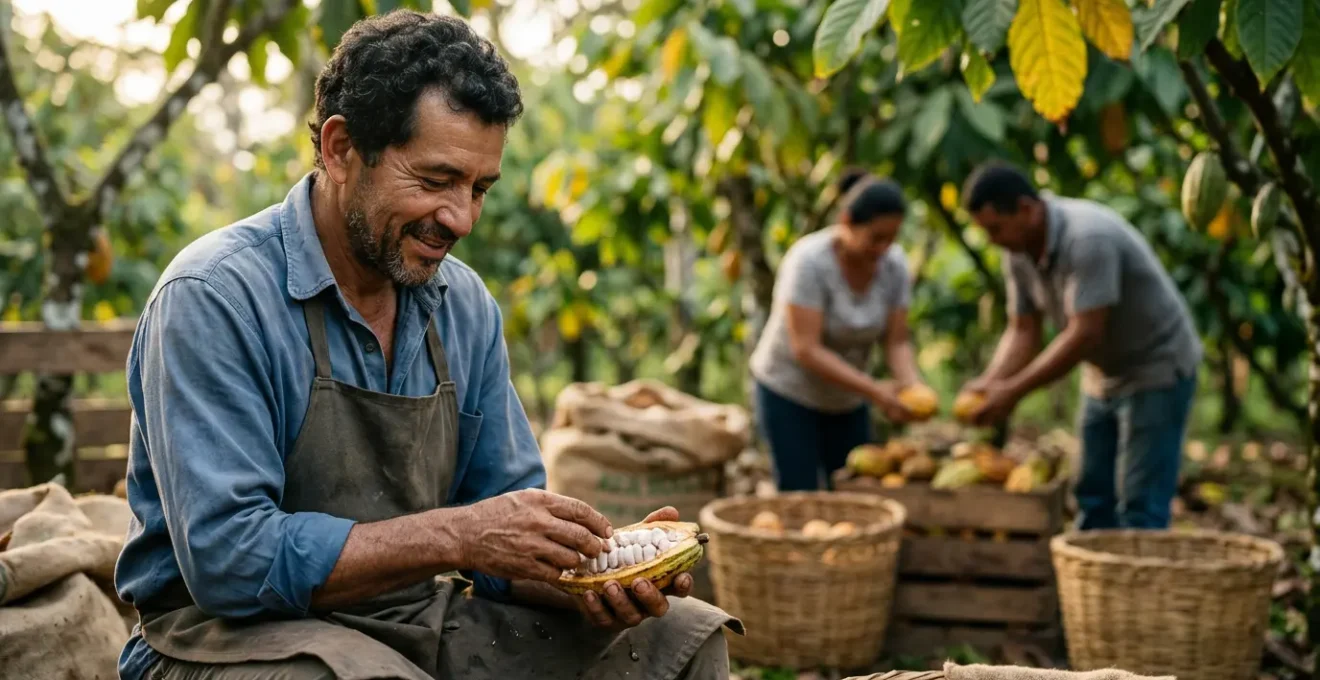 Coffee farmer examining harvested beans with cooperative members in background, representing fair trade farmer empowerment and economic dignity