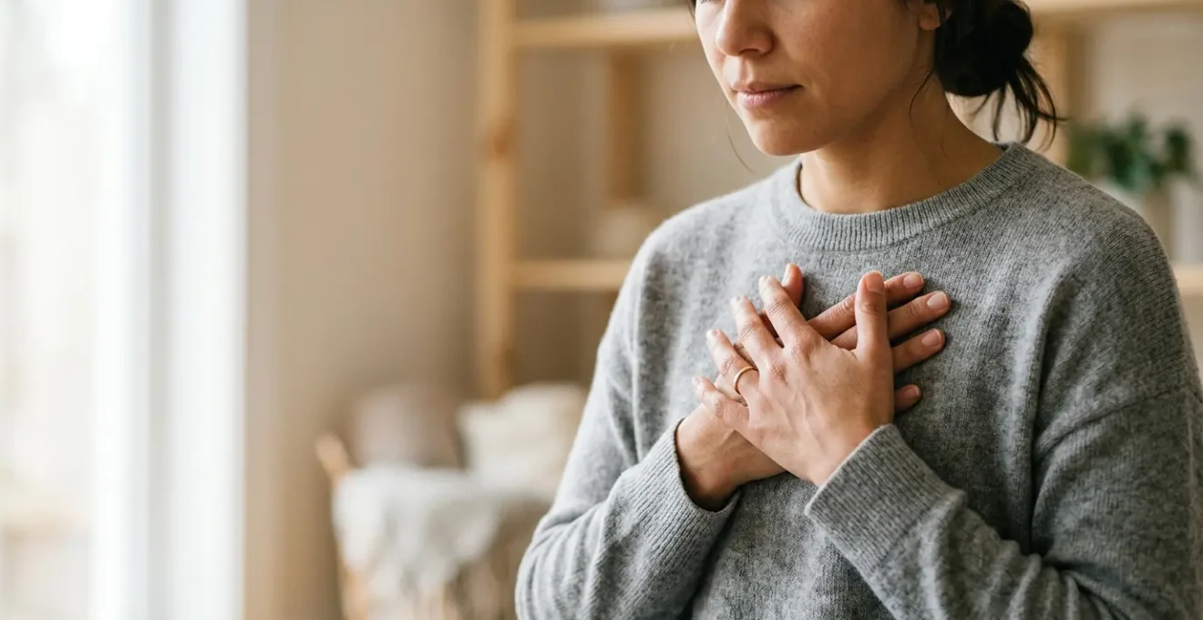 Calm hands placed gently over heart area during controlled breathing practice