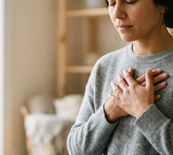 Calm hands placed gently over heart area during controlled breathing practice