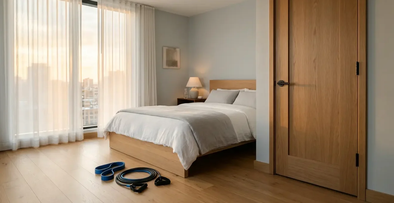 Compact hotel room with resistance bands arranged for full-body workout session