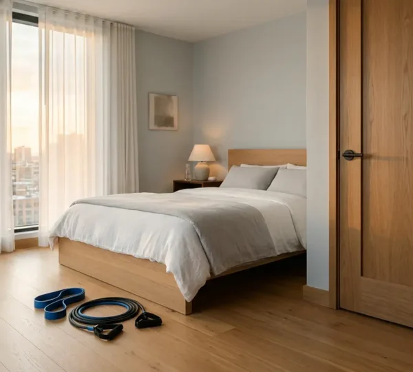 Compact hotel room with resistance bands arranged for full-body workout session