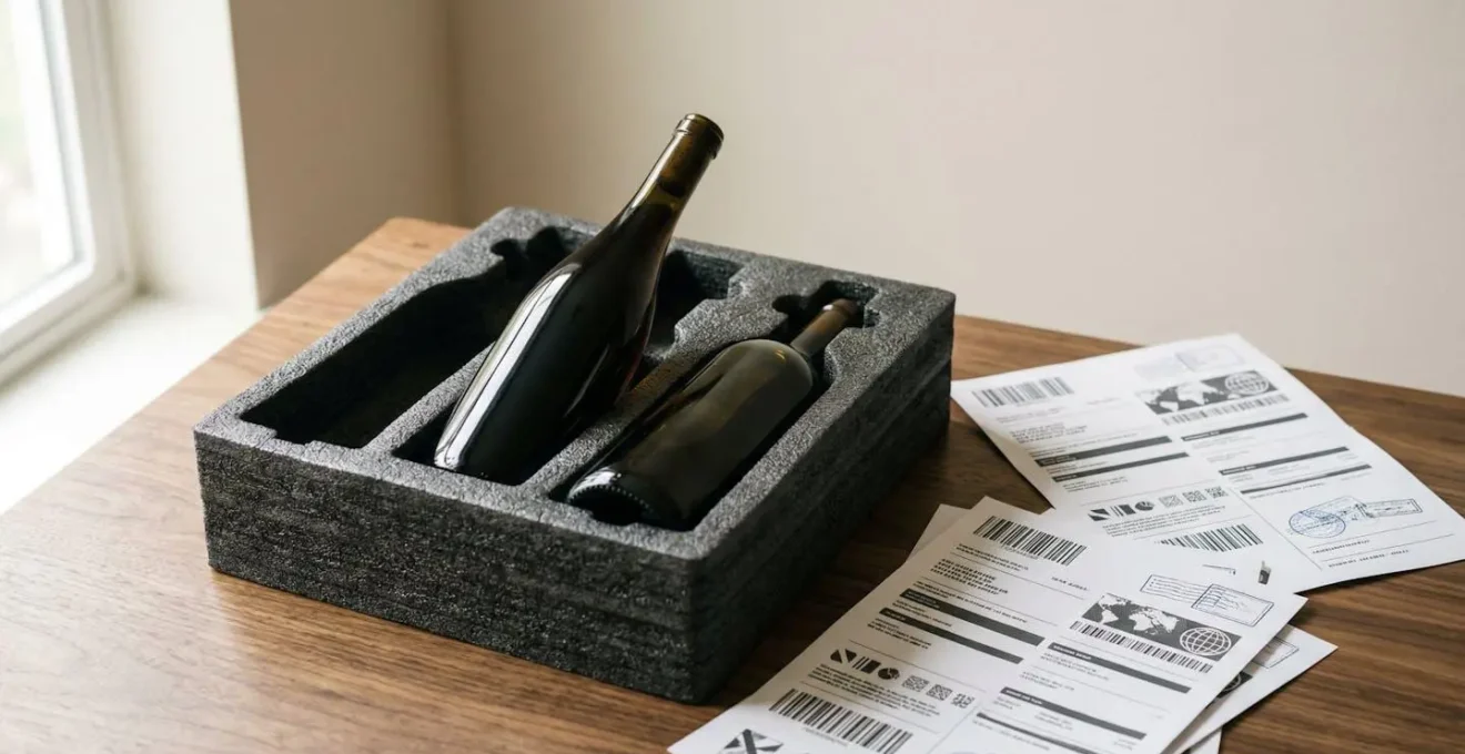 Wine bottles in protective packaging surrounded by international shipping documents and customs forms