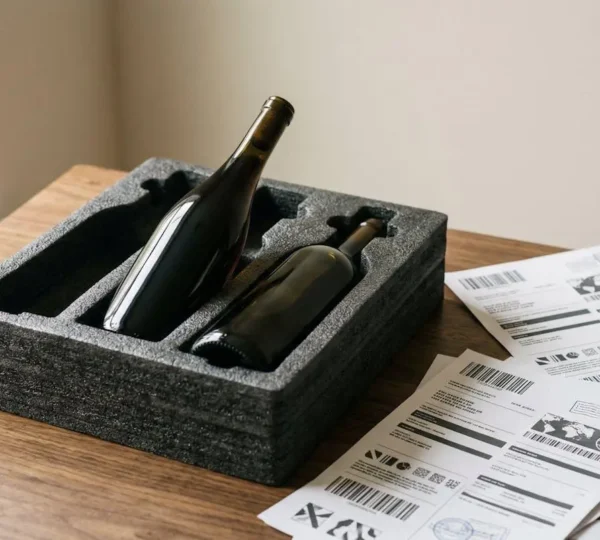 Wine bottles in protective packaging surrounded by international shipping documents and customs forms