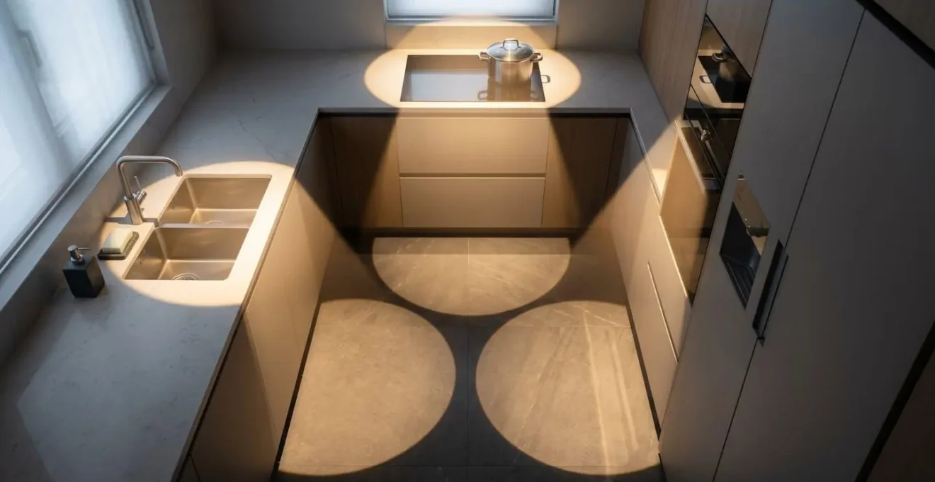 Overhead diagram view of kitchen work triangle with strategic lighting placement showing beam angles and light cone overlap at sink, refrigerator, and cooktop zones