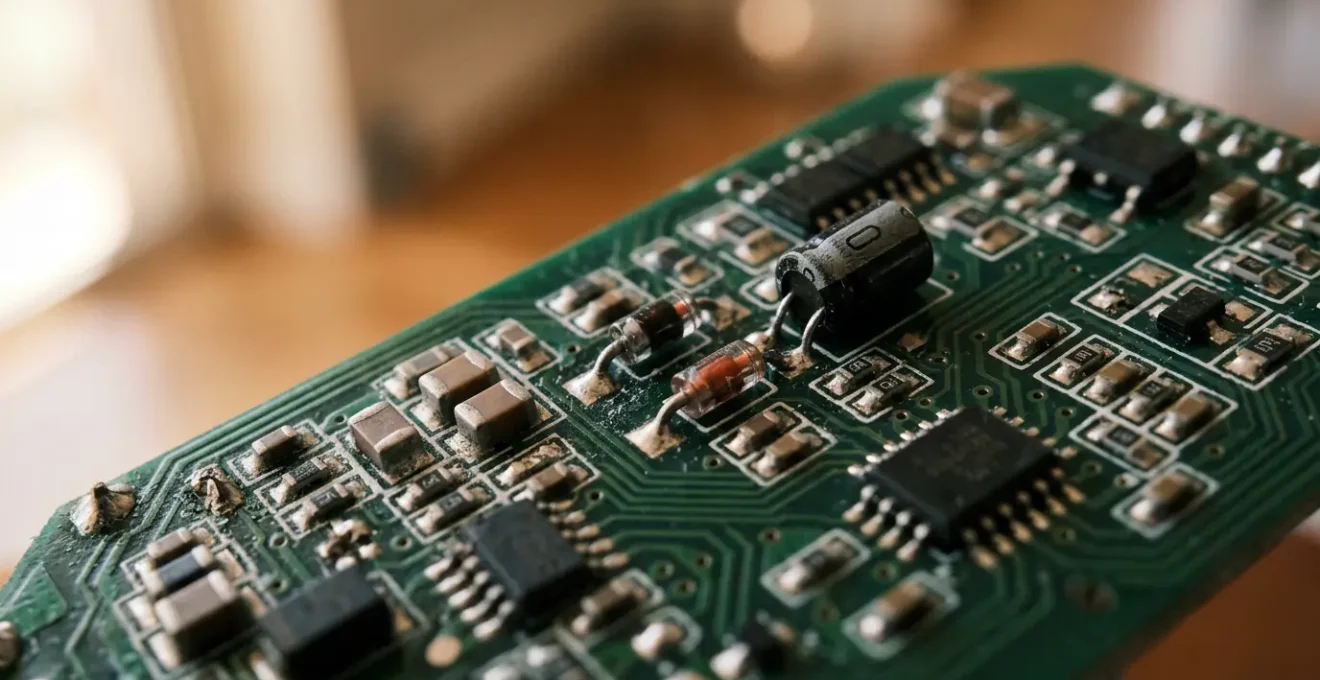 Close-up view of LED bulb electronics and dimmer switch mechanism showing technical detail