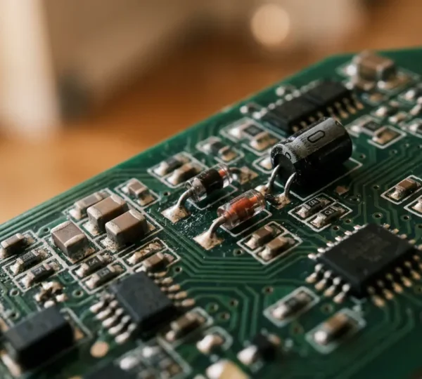 Close-up view of LED bulb electronics and dimmer switch mechanism showing technical detail