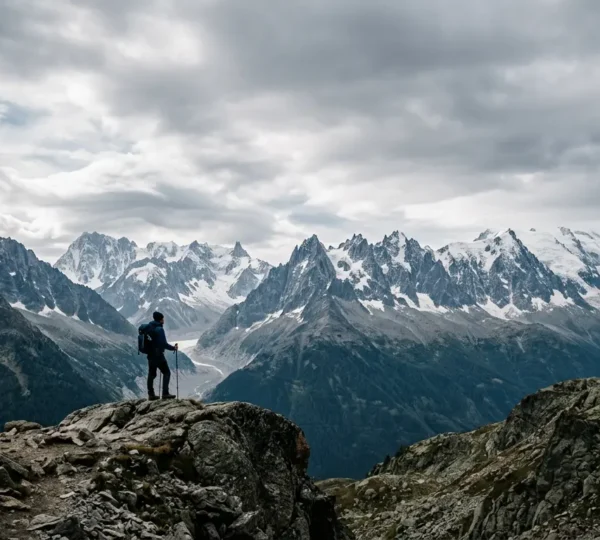 Mountaineer standing alone on rocky outcrop gazing toward distant snow-capped peaks under dramatic sky
