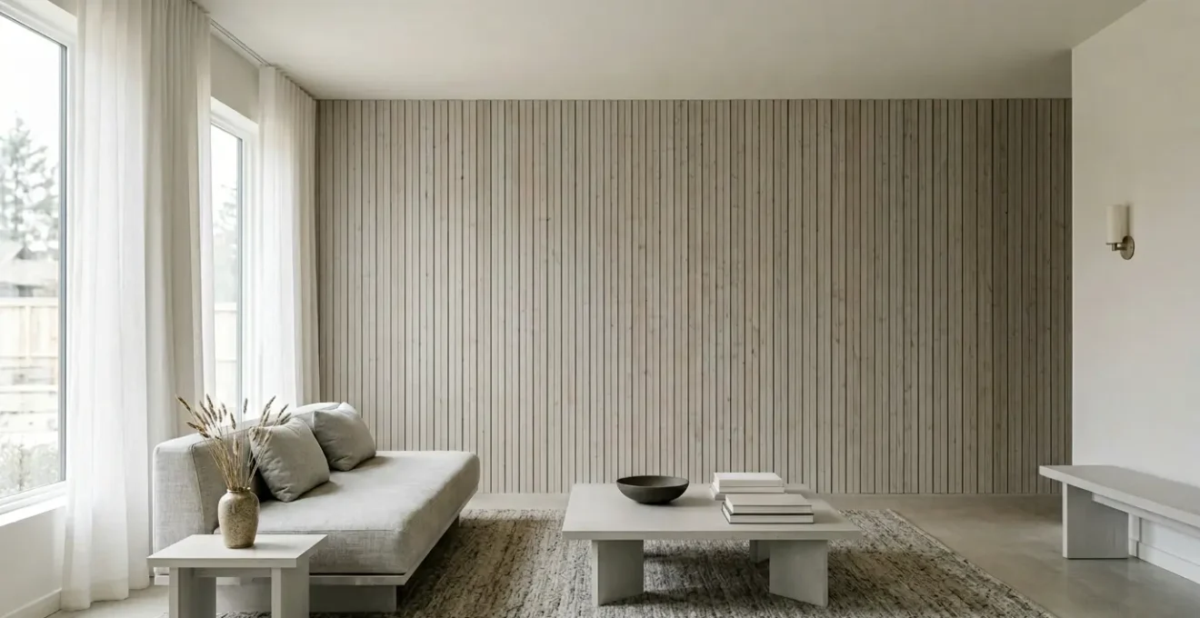 Minimalist living room with strategic vertical design elements creating perceived height without structural changes