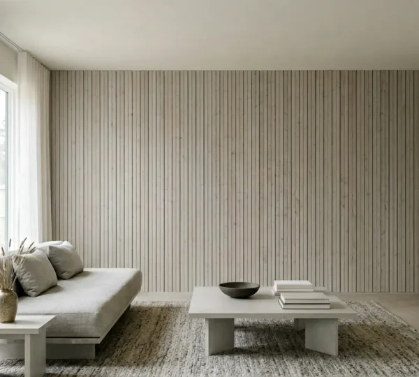 Minimalist living room with strategic vertical design elements creating perceived height without structural changes