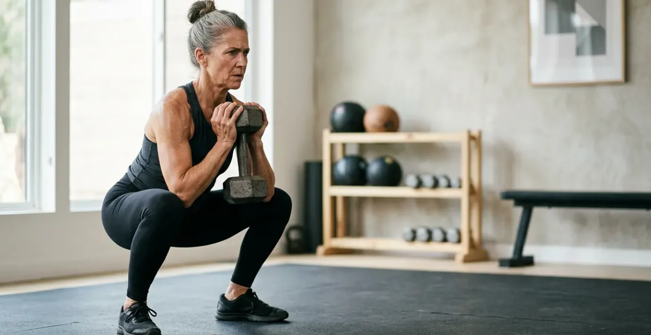 Mature adult performing strength training exercise with proper form in natural lighting