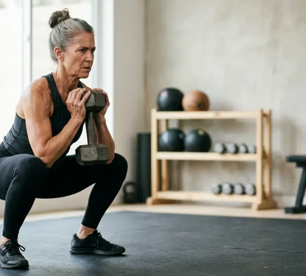 Mature adult performing strength training exercise with proper form in natural lighting