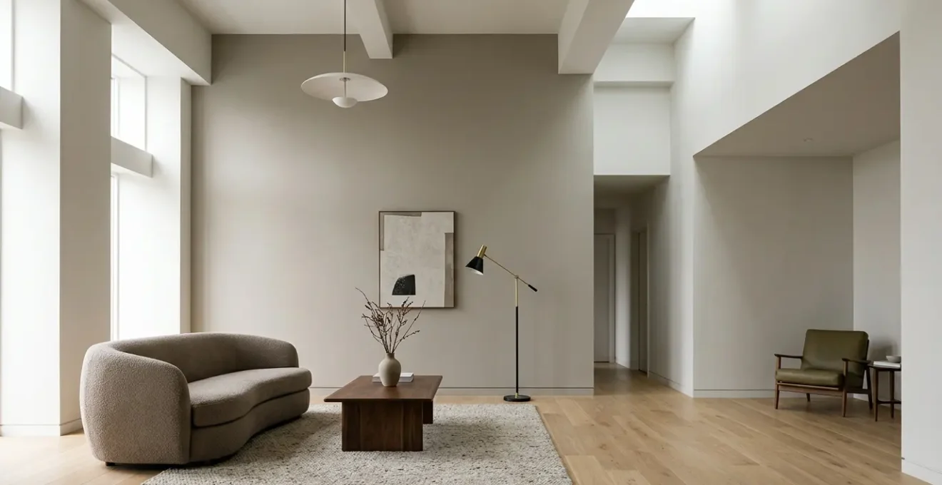 Modern living room interior showcasing matte painted walls with clean architectural lines and natural lighting
