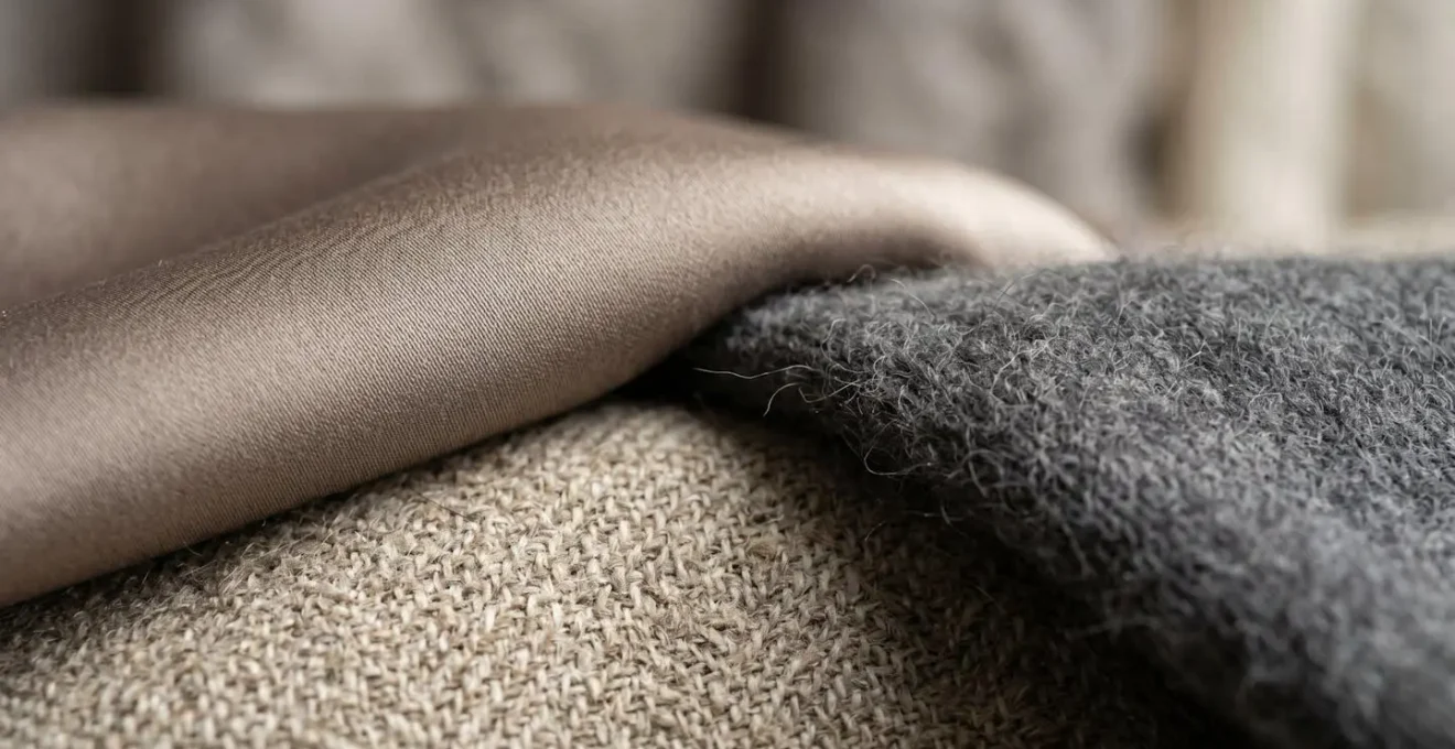 Macro close-up of layered neutral fabrics showing silk, cashmere, and wool textures in monochromatic palette