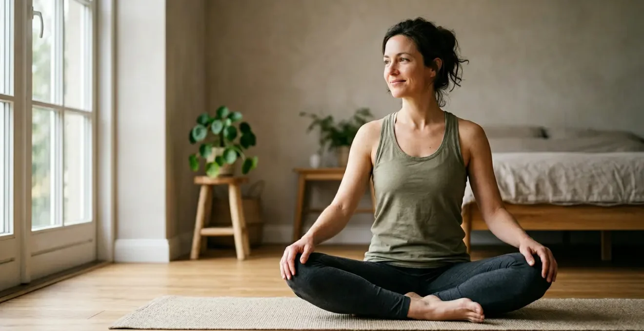 Person practicing gentle morning yoga stretch in natural light with calm mindful posture