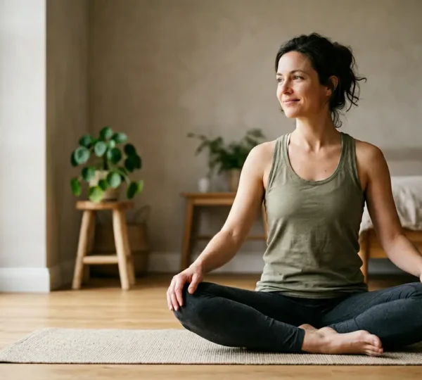 Person practicing gentle morning yoga stretch in natural light with calm mindful posture