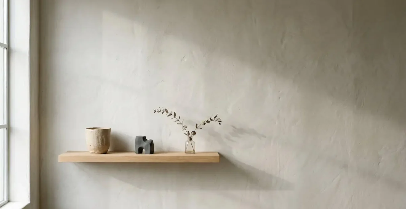Open shelf displaying the power of negative space with sparse object placement creating visual calm and sophistication