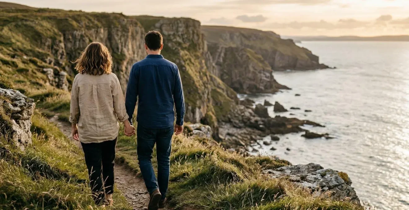 Secluded coastal moment capturing authentic romantic connection between couples