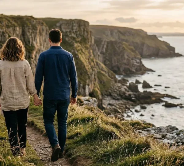 Secluded coastal moment capturing authentic romantic connection between couples