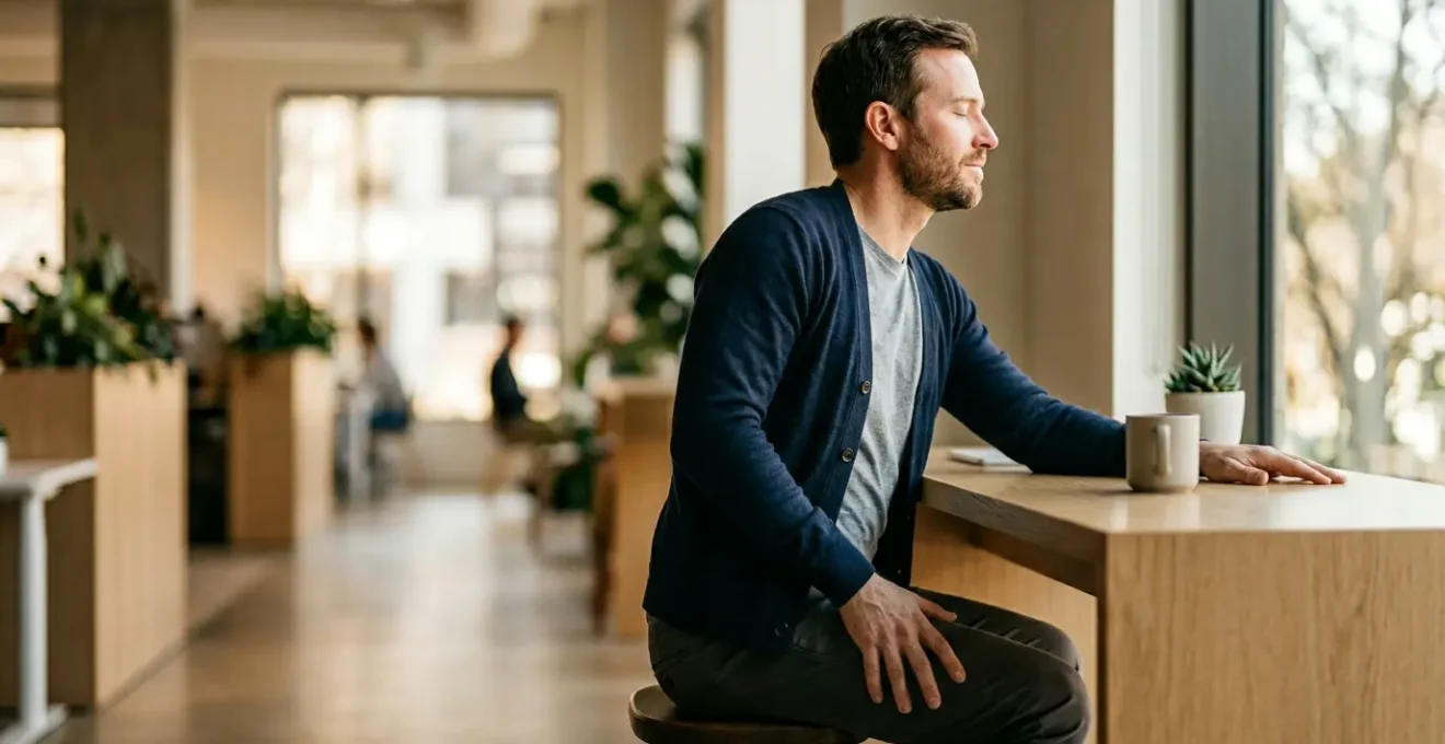 Professional experiencing lower back pain relief through targeted stretching exercises after prolonged desk work