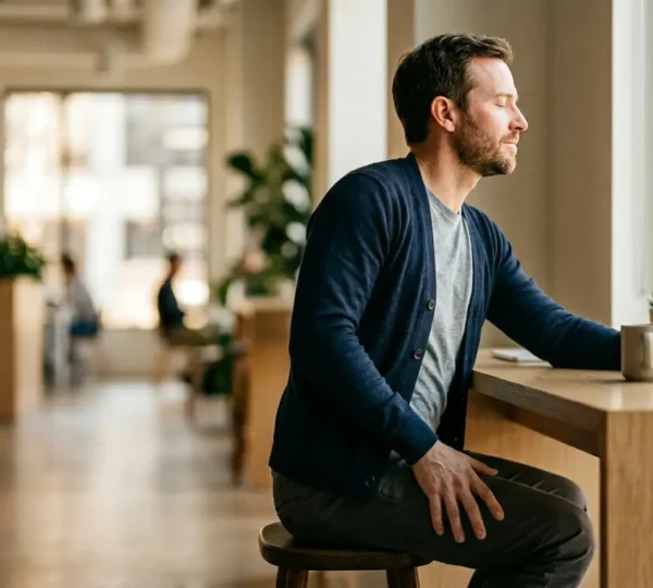Professional experiencing lower back pain relief through targeted stretching exercises after prolonged desk work