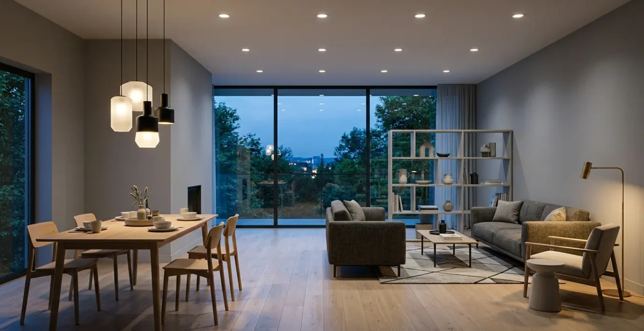 Contemporary open-plan living space demonstrating distinct lighting zones through layered ambient, task, and accent fixtures creating visual separation without physical walls