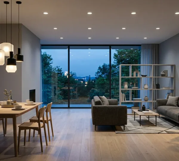 Contemporary open-plan living space demonstrating distinct lighting zones through layered ambient, task, and accent fixtures creating visual separation without physical walls