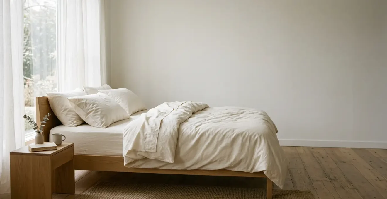 Close-up view of pristine organic cotton bedding with soft natural lighting, emphasizing texture and purity