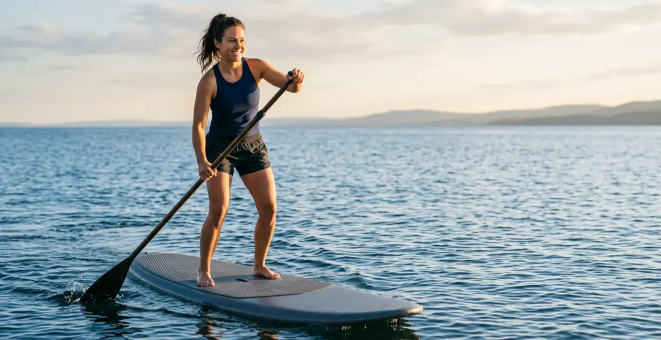 Stand-up paddleboarder achieving perfect balance on calm water demonstrating core stability and proper stance