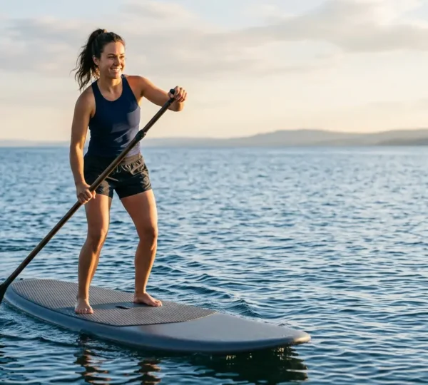 Stand-up paddleboarder achieving perfect balance on calm water demonstrating core stability and proper stance