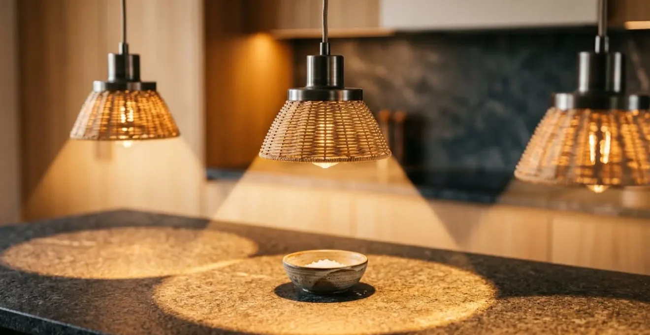 Side-view cross-section showing three pendant lights with overlapping beam angles eliminating shadows on a kitchen island work surface
